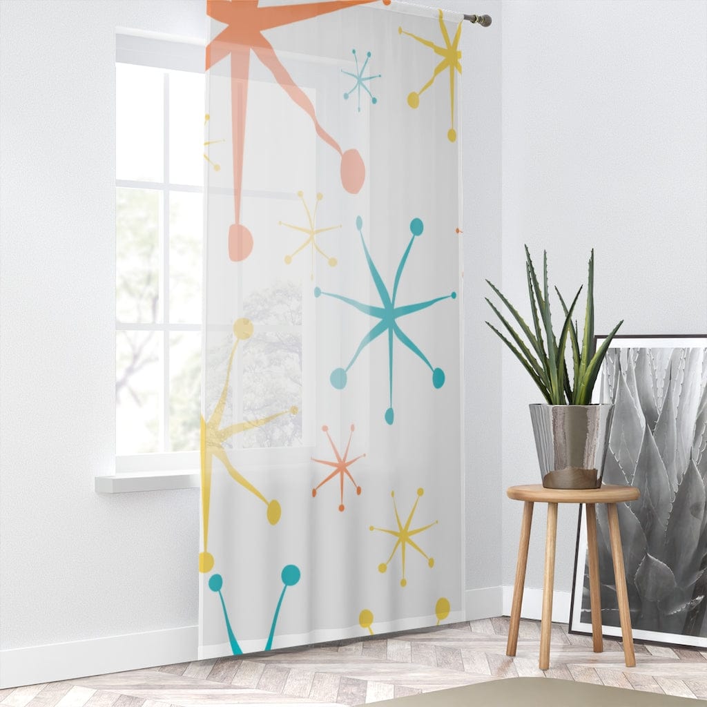 Mid Century Modern, Minimalist Shower Curtain, White, Aqua, Yellow, Orange, Atomic Stars, Mid Mod, MCM SHEER Window Curtain Home Decor Sheer / White / 50" × 84"