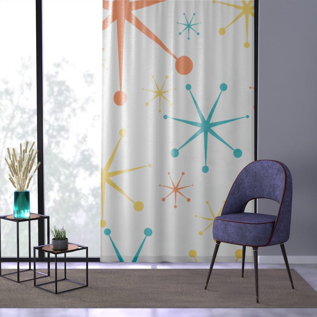 Mid Century Modern, Minimalist Shower Curtain, White, Aqua, Yellow, Orange, Atomic Stars, Mid Mod, MCM SHEER Window Curtain Home Decor Sheer / White / 50" × 84"