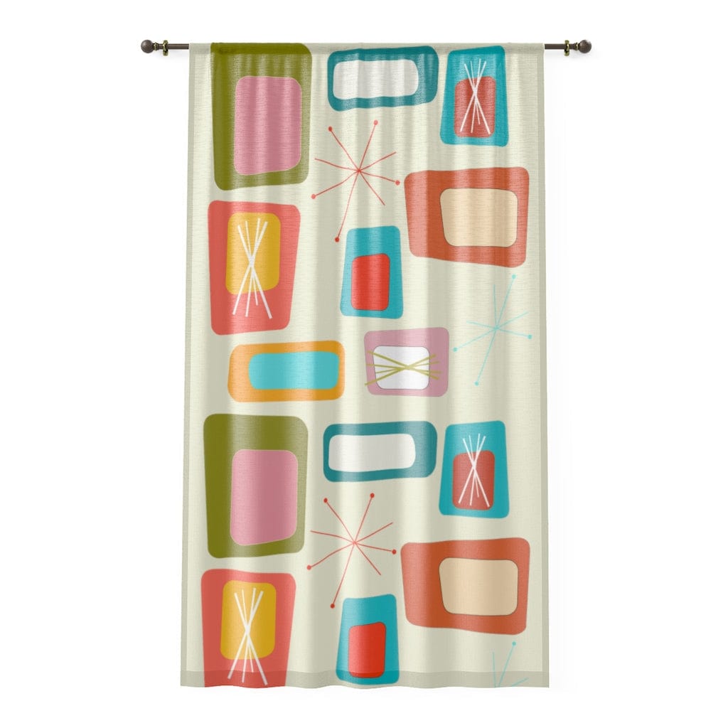 Mid Century Modern, Retro Geometric, Abstract Art, Starburst, Beige, Vibrant Color Pattern, Mid Mod MCM SHEER Window Curtain Home Decor Sheer / White / 50" × 84"