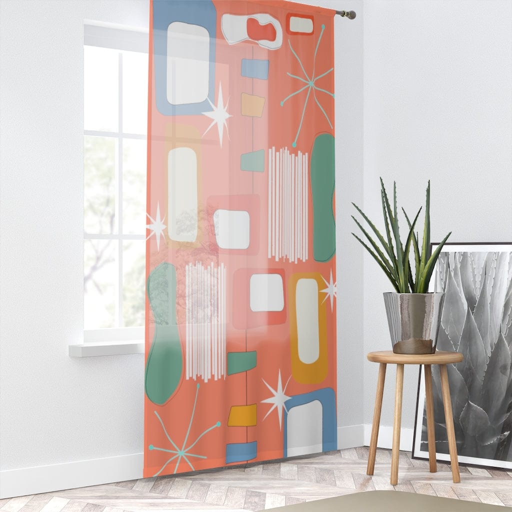 Mid Century Modern, Tangerine Orange, Geometric Retro MCM Sheer Window Curtain Home Decor Sheer / White / 50" × 84"