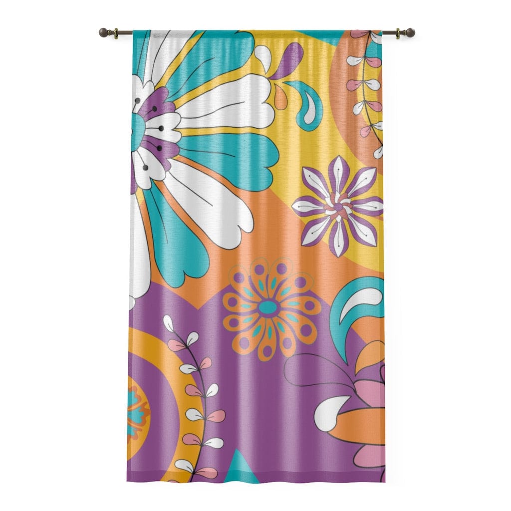 Retro 60's 70's, Groovy, Purple, Aqua, Orange, Hippie Flowers, Hipster Mid Mod MCM SHEER Window Curtain Home Decor Sheer / White / 50" × 84"