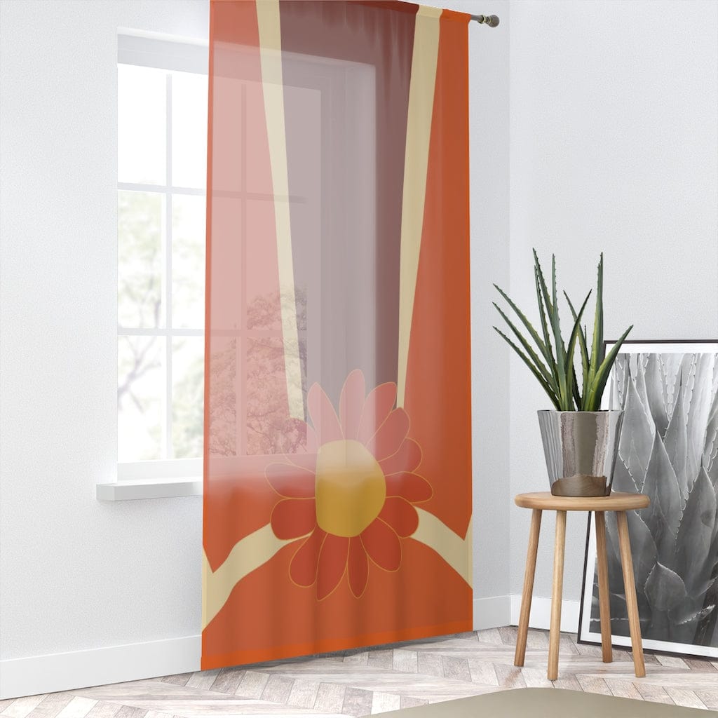 Retro 60's 70's, Mod Boho Flower, Brown, Orange, Yellow, MCM Groovy Sunburst, Mid Century Modern SHEER Window Curtain Home Decor Sheer / White / 50" × 84"