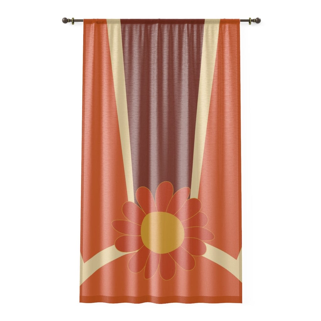 Retro 60's 70's, Mod Boho Flower, Brown, Orange, Yellow, MCM Groovy Sunburst, Mid Century Modern SHEER Window Curtain Home Decor Sheer / White / 50" × 84"