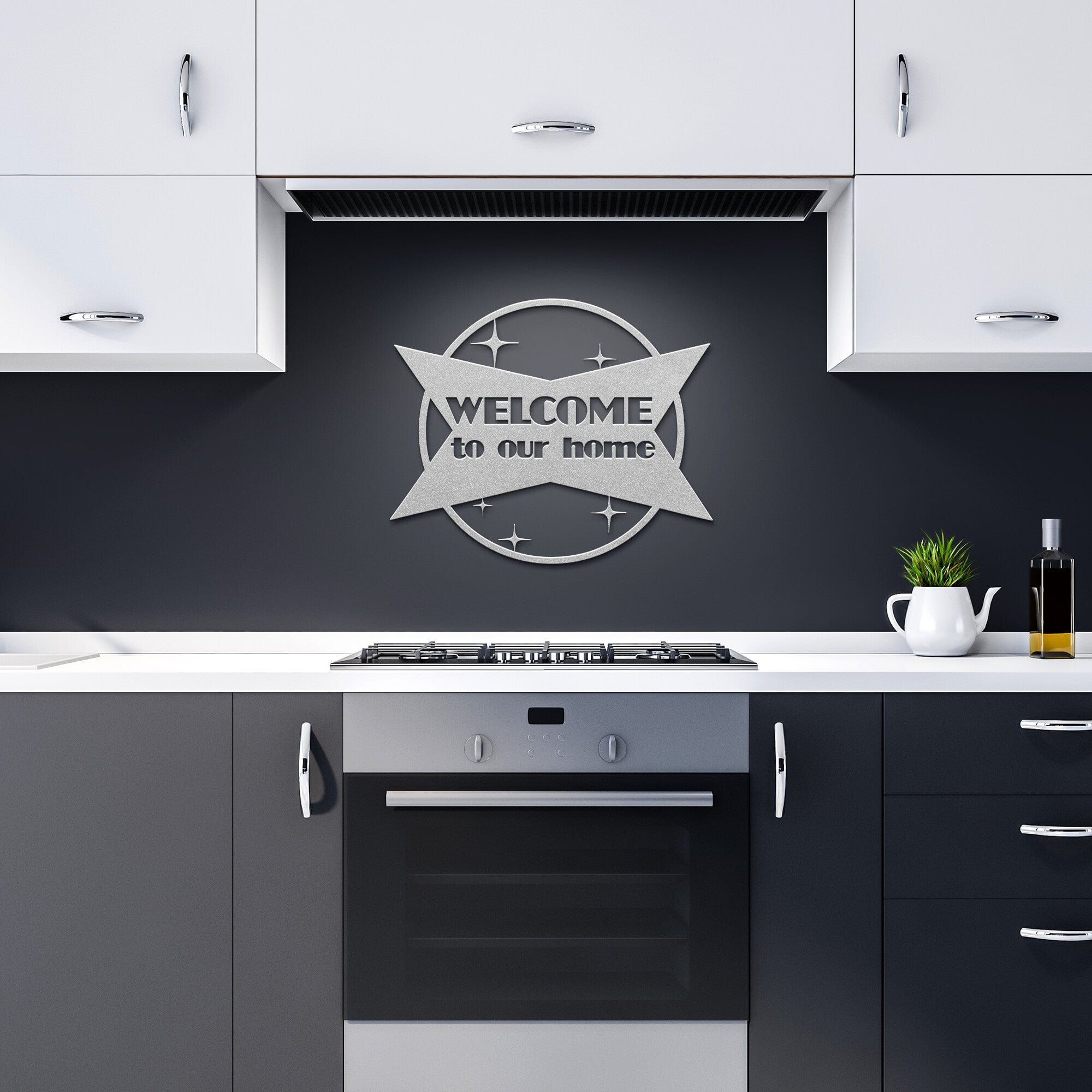 Mid Century Modern, Welcome To Our Home Atomic Metal Wall Art Sign Wall Art Silver / 12 Inch