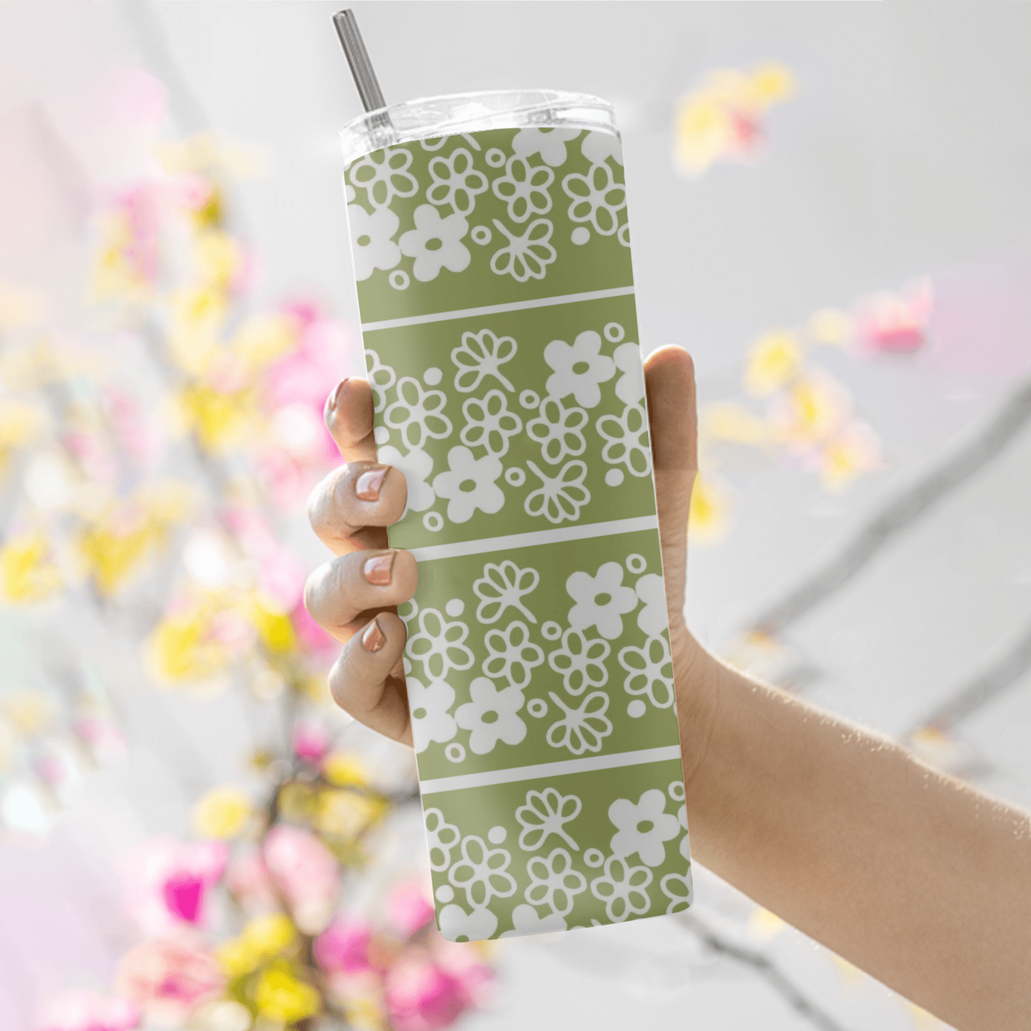 Stainless Steel 20 oz. Tumbler With Stainless Steel Straw, Verde Green Spring Blossom Curtains