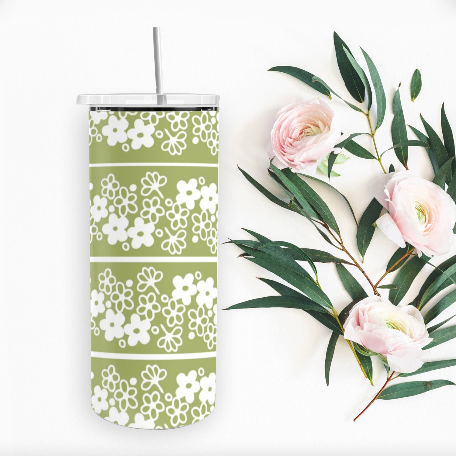 Stainless Steel 20 oz. Tumbler With Stainless Steel Straw, Verde Green Spring Blossom Curtains