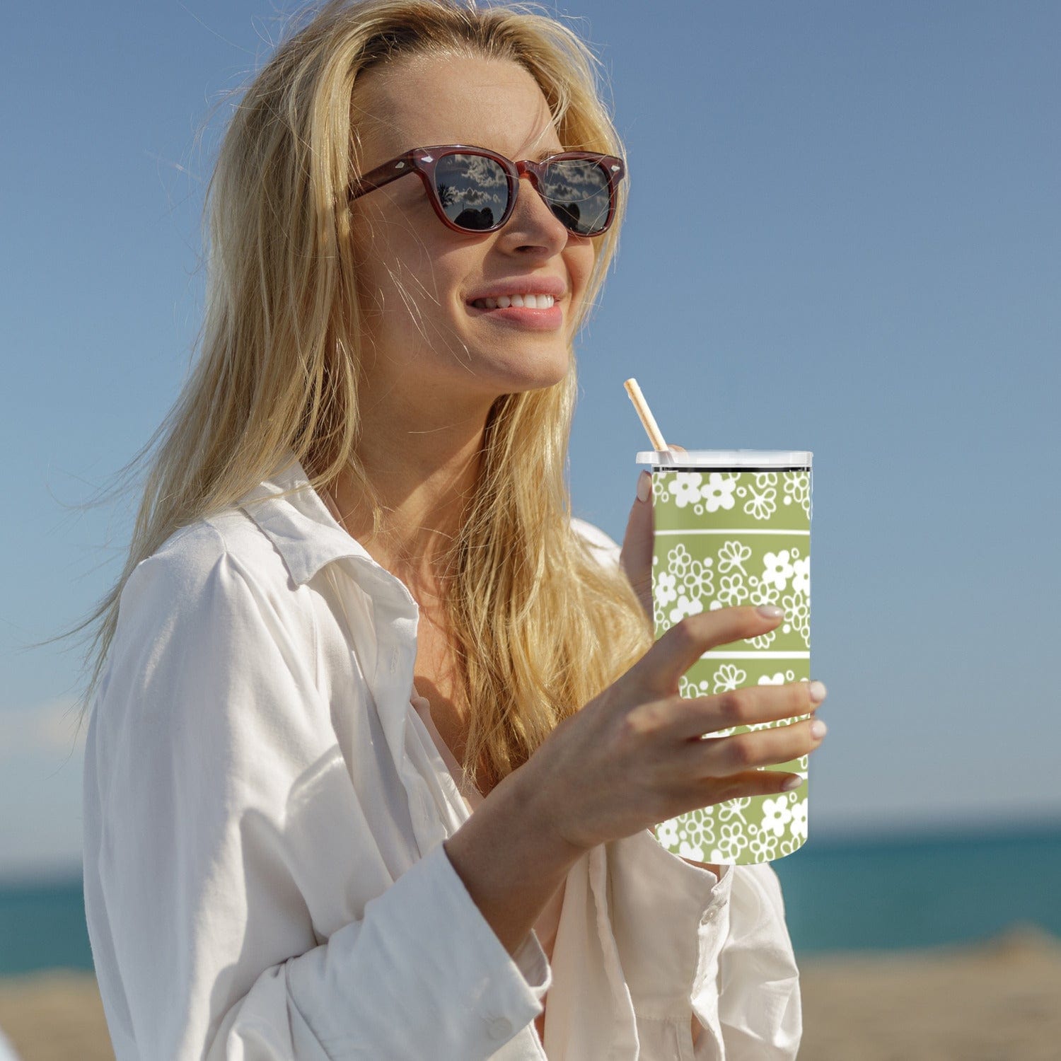 Stainless Steel 20 oz. Tumbler With Stainless Steel Straw, Verde Green Spring Blossom Curtains