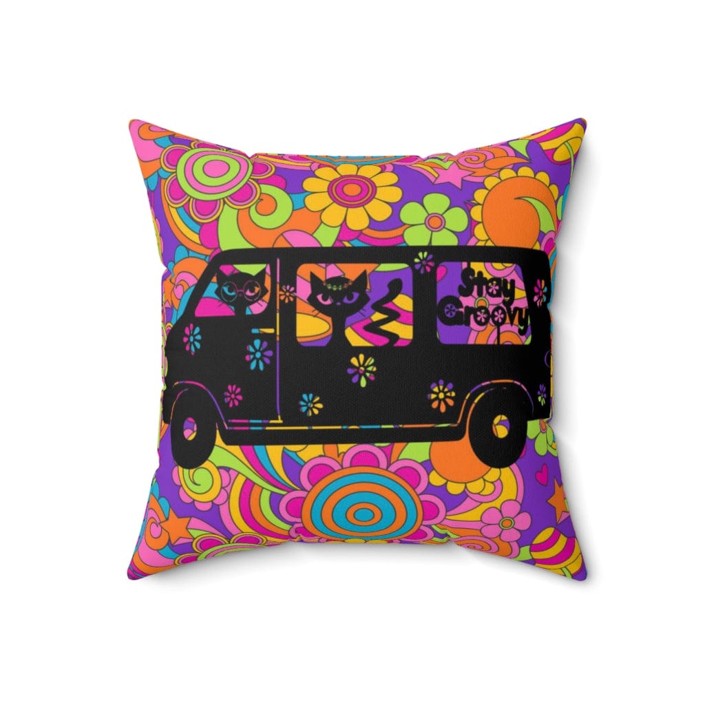 Stay Groovy, Hippie 70's Van, Atomic Cats, Magic Mushroom, Purple, Pink, Blue, Hipster Dorm Throw Pillows Home Decor