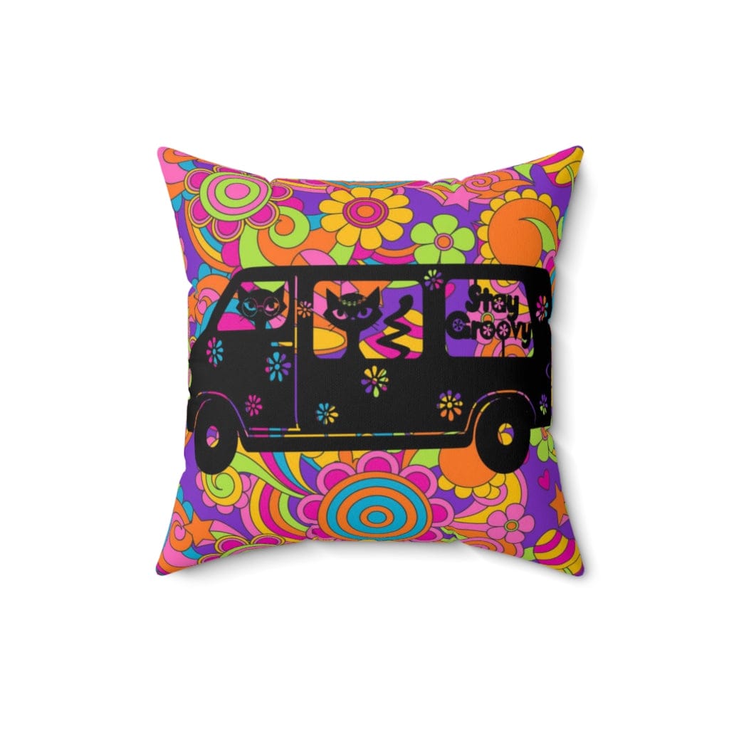 Stay Groovy, Hippie 70's Van, Atomic Cats, Magic Mushroom, Purple, Pink, Blue, Hipster Dorm Throw Pillows Home Decor