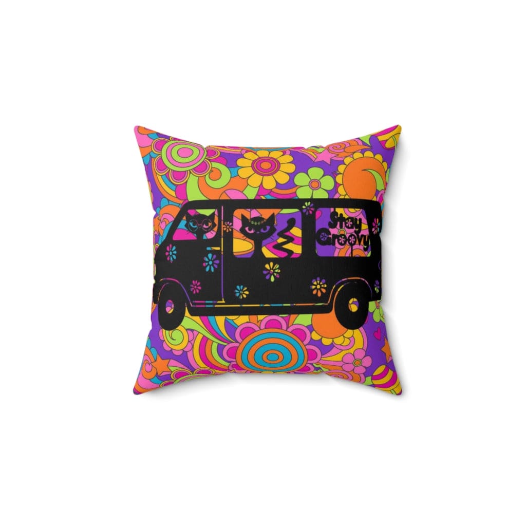 Stay Groovy, Hippie 70's Van, Atomic Cats, Magic Mushroom, Purple, Pink, Blue, Hipster Dorm Throw Pillows Home Decor