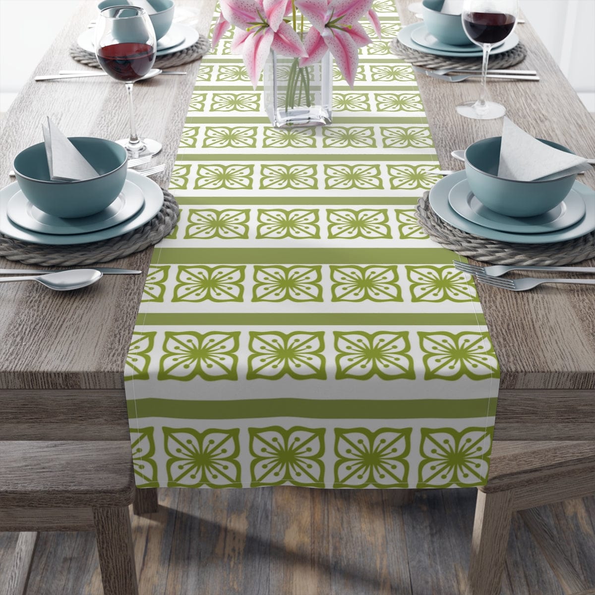 Verde Green, Scandi Block Flowers, Vintage Collector, Kitchen, Dining Room, Table Runner (Cotton, Poly) Home Decor