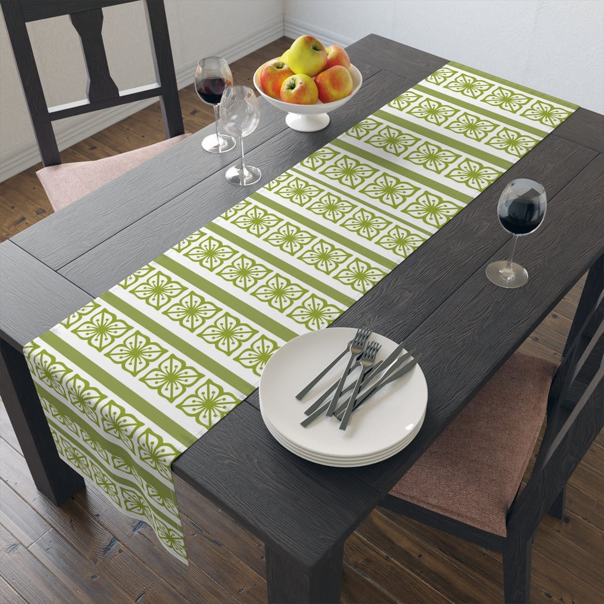 Verde Green, Scandi Block Flowers, Vintage Collector, Kitchen, Dining Room, Table Runner (Cotton, Poly) Home Decor
