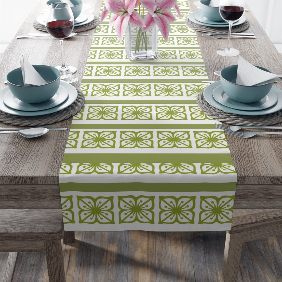 Verde Green, Scandi Block Flowers, Vintage Collector, Kitchen, Dining Room, Table Runner (Cotton, Poly) Home Decor