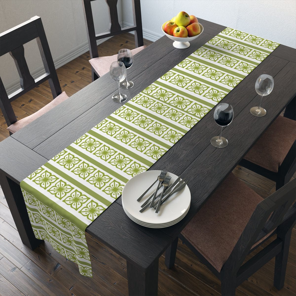 Verde Green, Scandi Block Flowers, Vintage Collector, Kitchen, Dining Room, Table Runner (Cotton, Poly) Home Decor