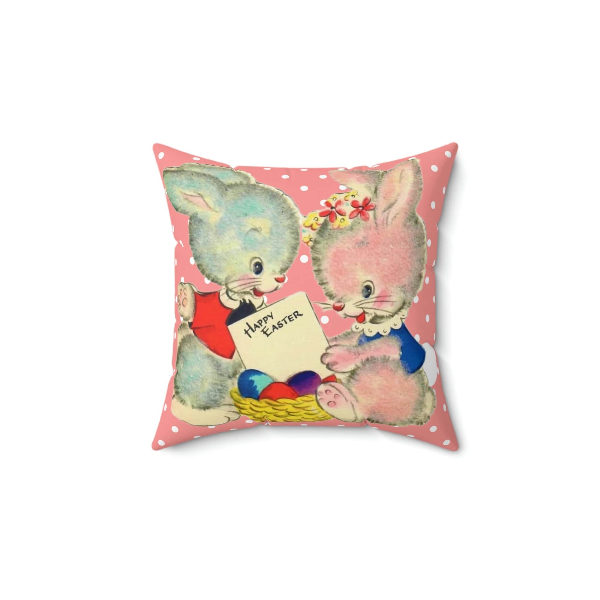 Vintage Easter Card Anthropomorphic Bunny Girl, Bunny Boy, Love, Happy Easter Retro Polka Dot Pink Easter Pillow And Insert Home Decor