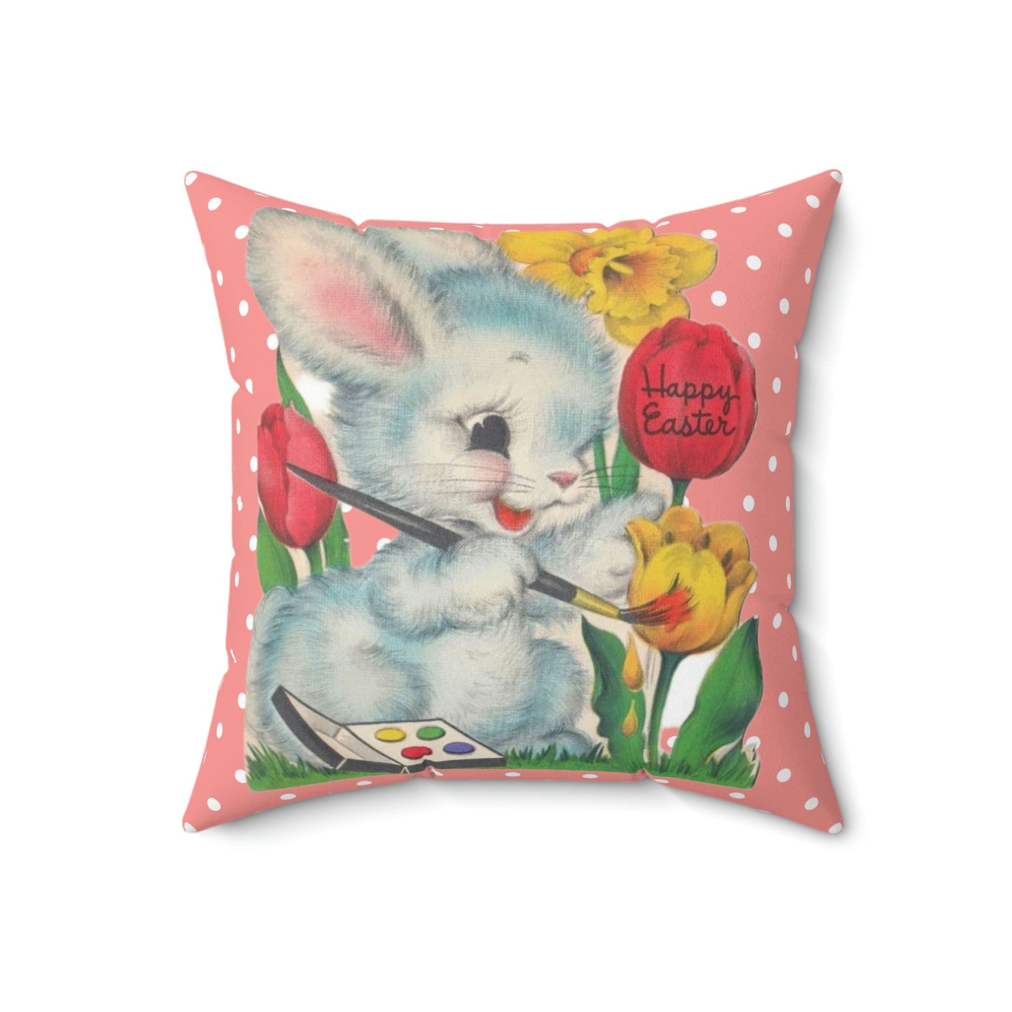 Vintage Easter Card Anthropomorphic Bunny, Happy Easter, Tulips, Kitschy Cute Easter Bunny Artist, Retro Spring Pillow And Insert Home Decor