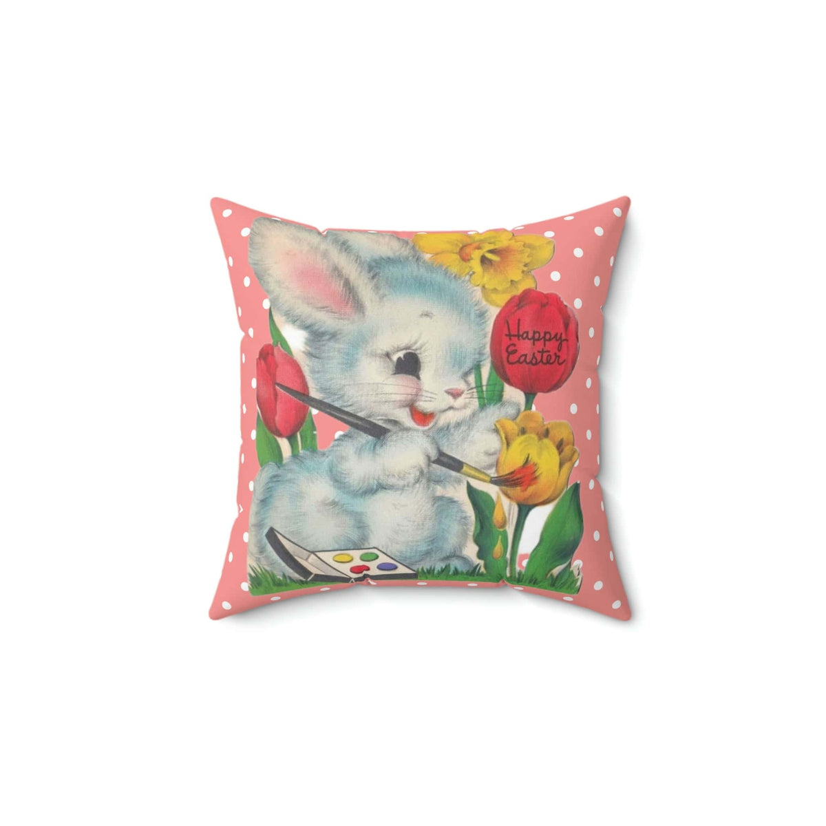 Vintage Easter Card Anthropomorphic Bunny, Happy Easter, Tulips, Kitschy Cute Easter Bunny Artist, Retro Spring Pillow And Insert Home Decor