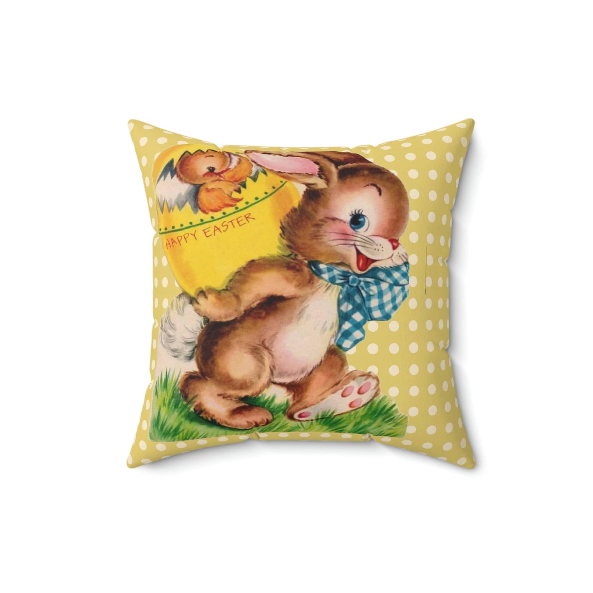 Vintage Easter Card Anthropomorphic Bunny, Happy Easter, Yellow Polka Dot, Hatching Chick In Egg, Spring, Easter, Retro Pillow And Insert Home Decor