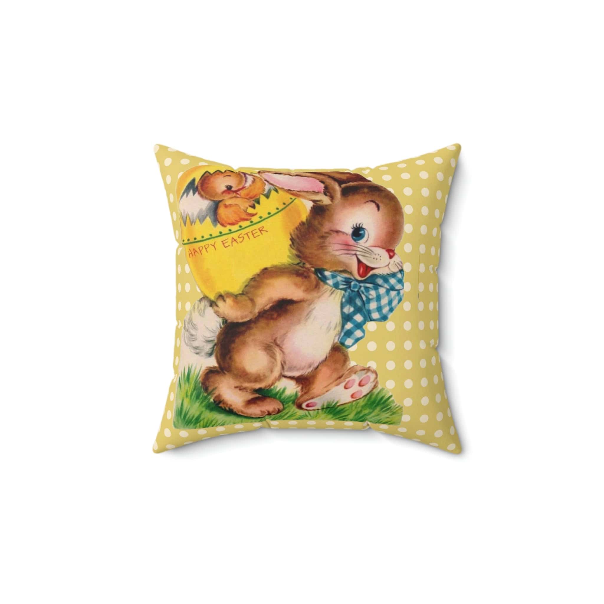 Vintage Easter Card Anthropomorphic Bunny, Happy Easter, Yellow Polka Dot, Hatching Chick In Egg, Spring, Easter, Retro Pillow And Insert Home Decor