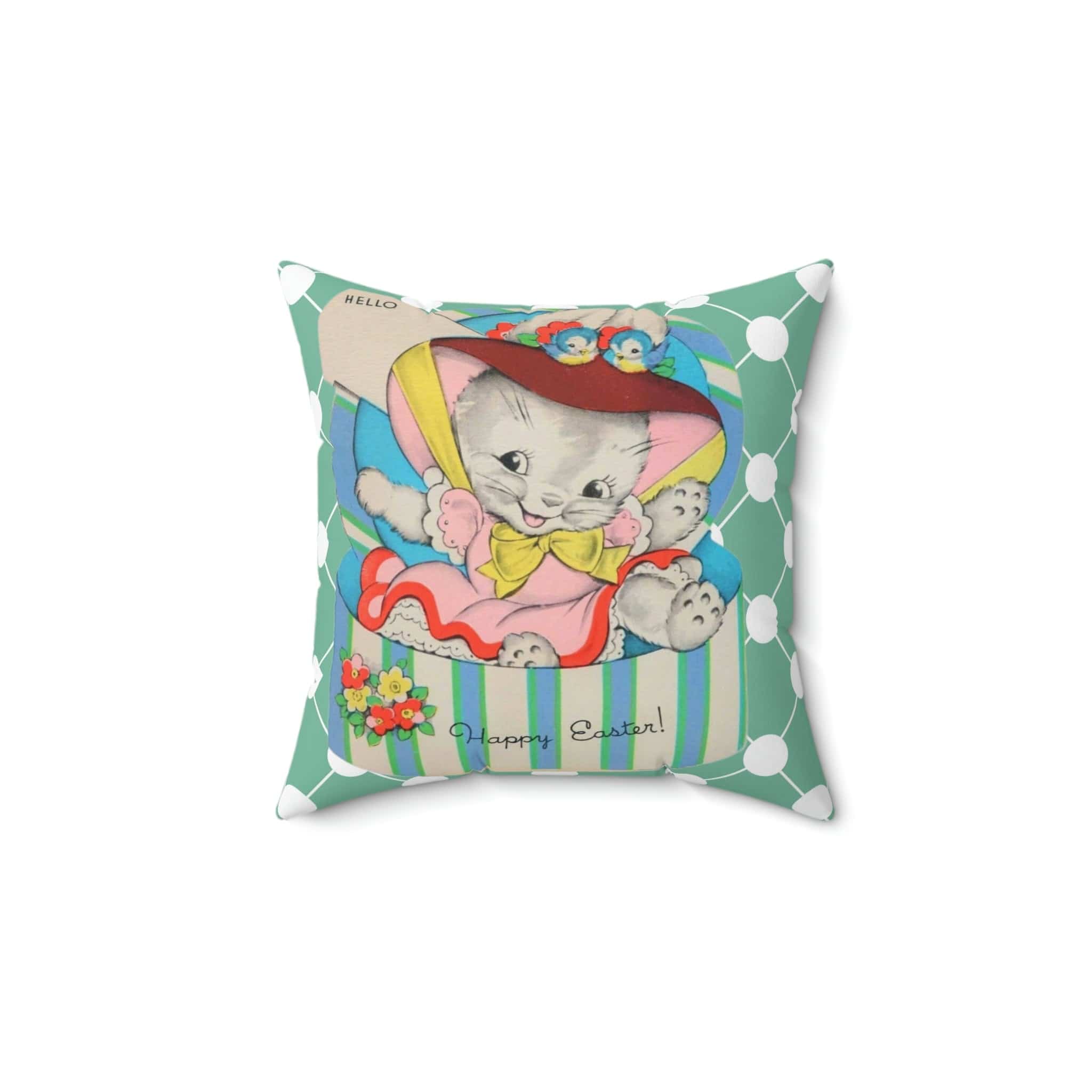 Vintage Easter Card Anthropomorphic Bunny In Hat Box, Aqua Blue, Teal Pink Bonnet, Happy Easter Retro Style Spring Pillow And Insert Home Decor