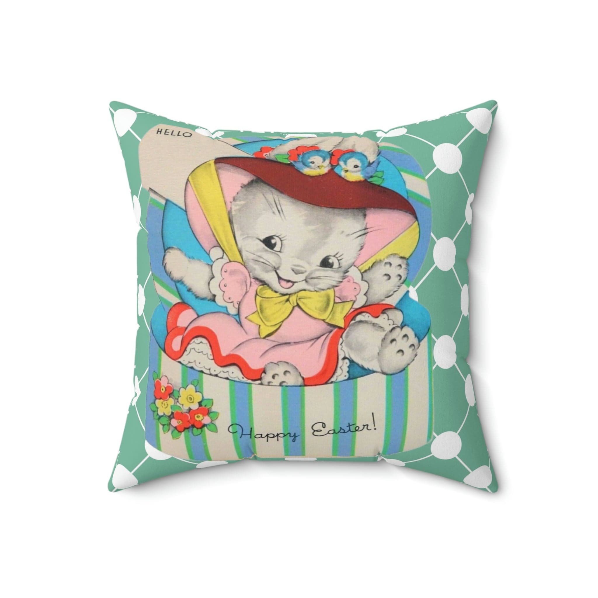 Vintage Easter Card Anthropomorphic Bunny In Hat Box, Aqua Blue, Teal Pink Bonnet, Happy Easter Retro Style Spring Pillow And Insert Home Decor