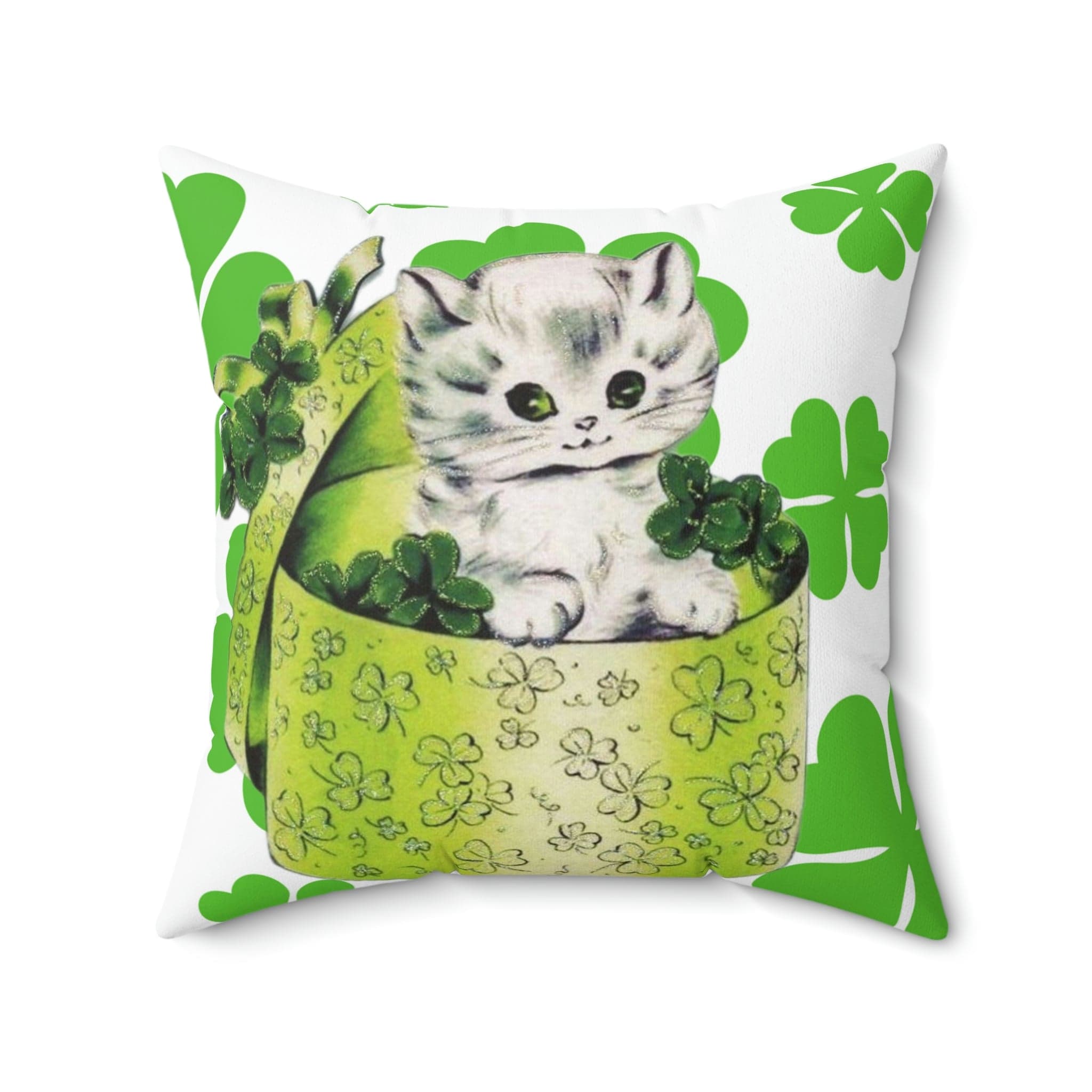 Vintage Irish Card, White Kitschy Cute Kitten, Hat Box, Green, White, Shamrock, Saint Patrick&