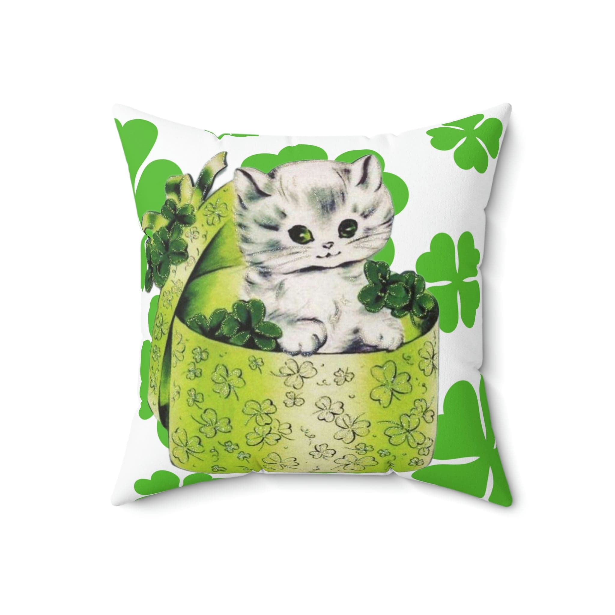 Vintage Irish Card, White Kitschy Cute Kitten, Hat Box, Green, White, Shamrock, Saint Patrick&