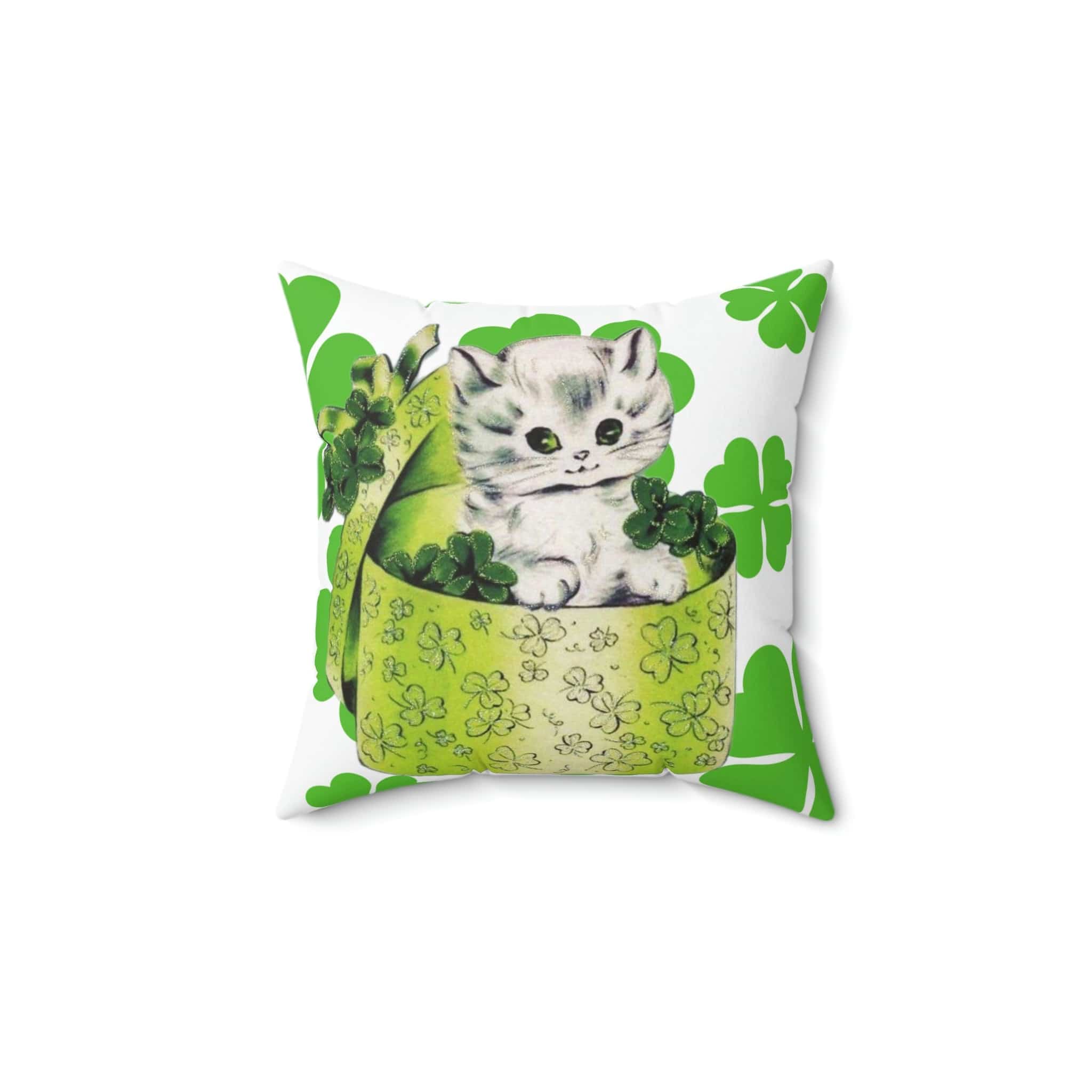 Vintage Irish Card, White Kitschy Cute Kitten, Hat Box, Green, White, Shamrock, Saint Patrick&