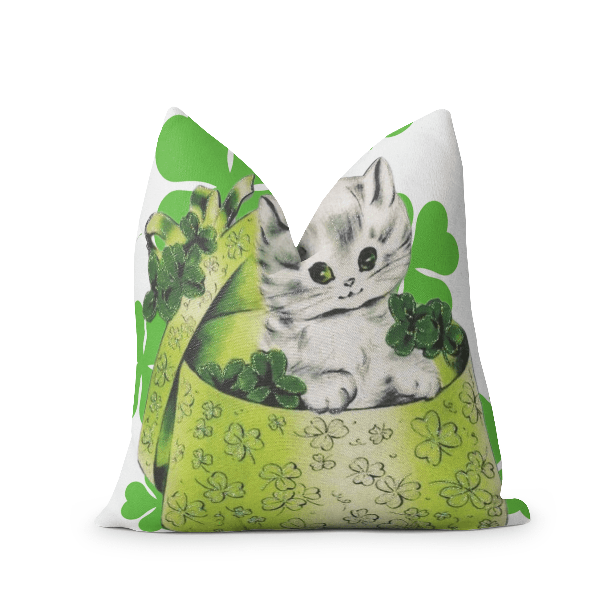 Vintage Irish Card, White Kitschy Cute Kitten, Hat Box, Green, White, Shamrock, Saint Patrick&
