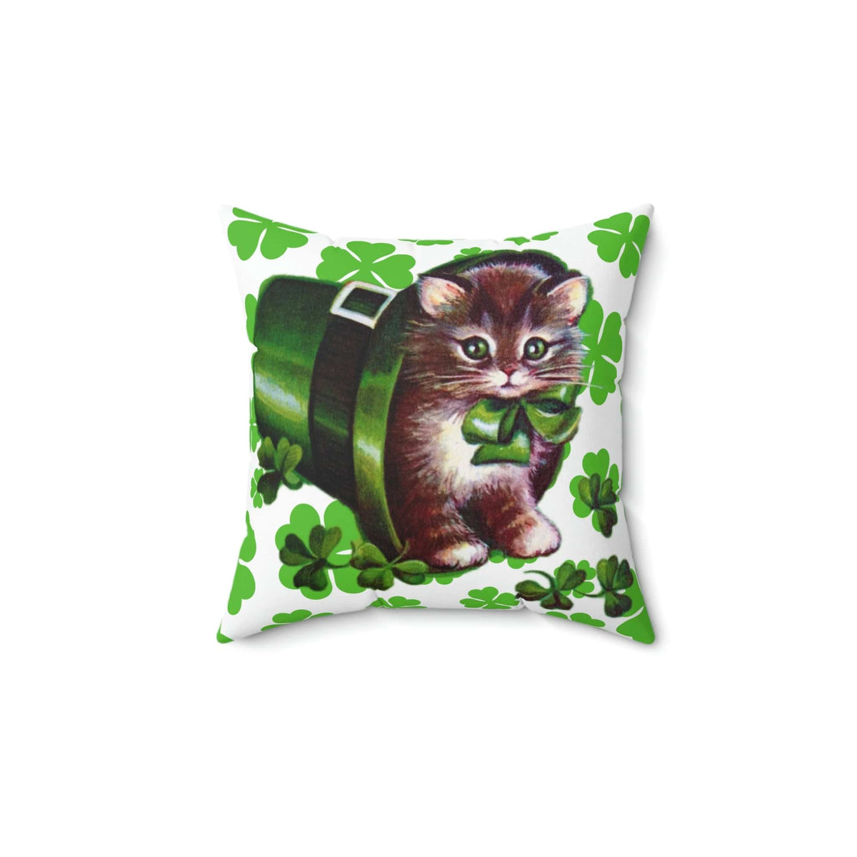 Vintage Saint Paddy's Day Card, Kitschy Kitten, Leprechaun Hat, Shamrock Pillow Cover Home Decor