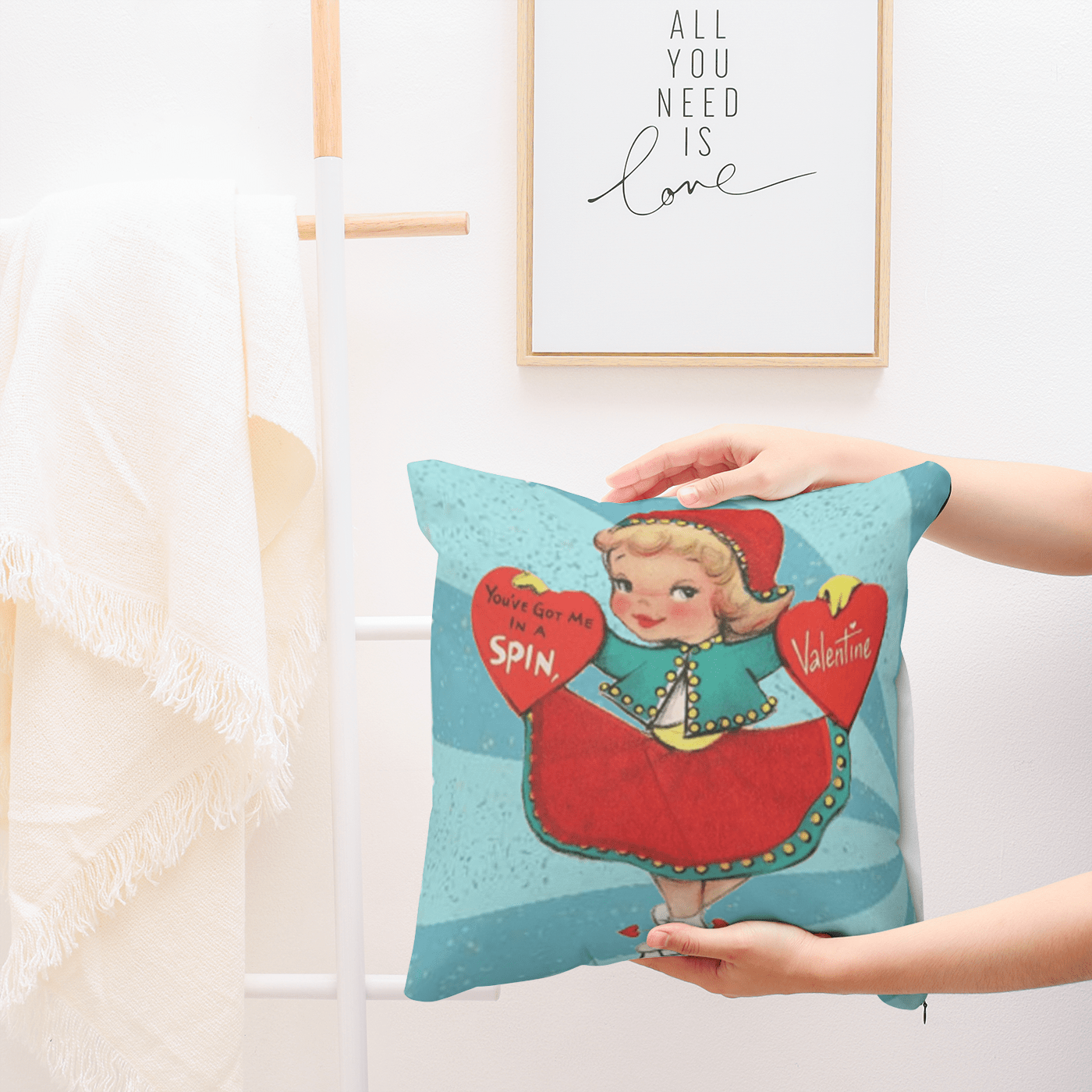 Vintage Valentine Card, Retro Girl On Ice Skates, Kitschy Cute Valentine LOVE Pillow And Insert Home Decor