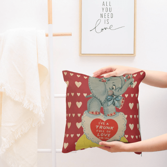 Vintage Valentine Card, Valentine Heart Pillow, Cute Kitschy Elephant Funny Quote, I've Got Trunk Full Of Love For You Home Decor