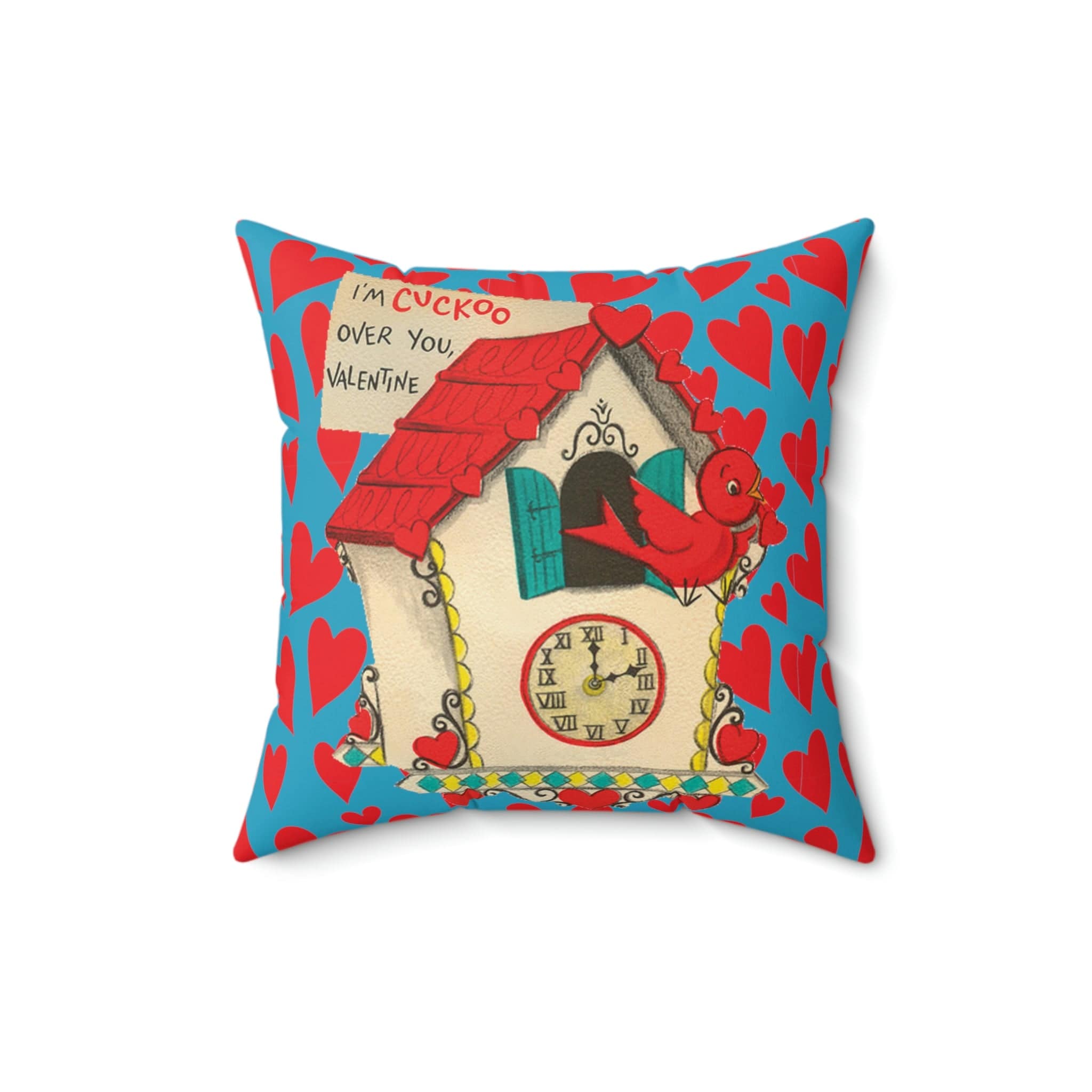 Vintage Valentine, Cuckoo Clock, Birdie, Kitschy Retro Valentine Mod Pillow And Insert Home Decor