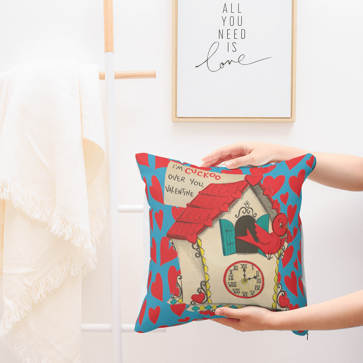 Vintage Valentine, Cuckoo Clock, Birdie, Kitschy Retro Valentine Mod Pillow And Insert Home Decor