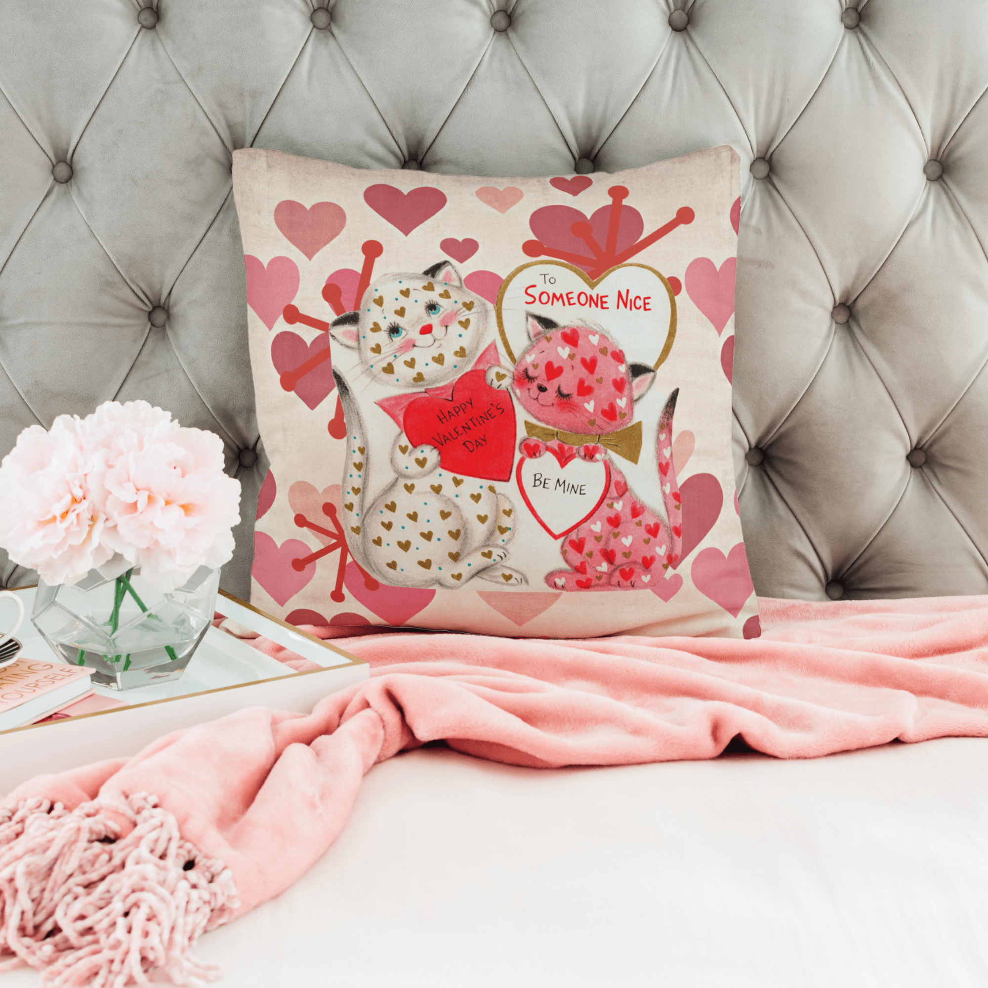 Vintage Valentine, KIttie Cat, Love, Be My Valentine, Hearts, Aged, Kitschy Cute, Valentine Pillow And Insert Home Decor