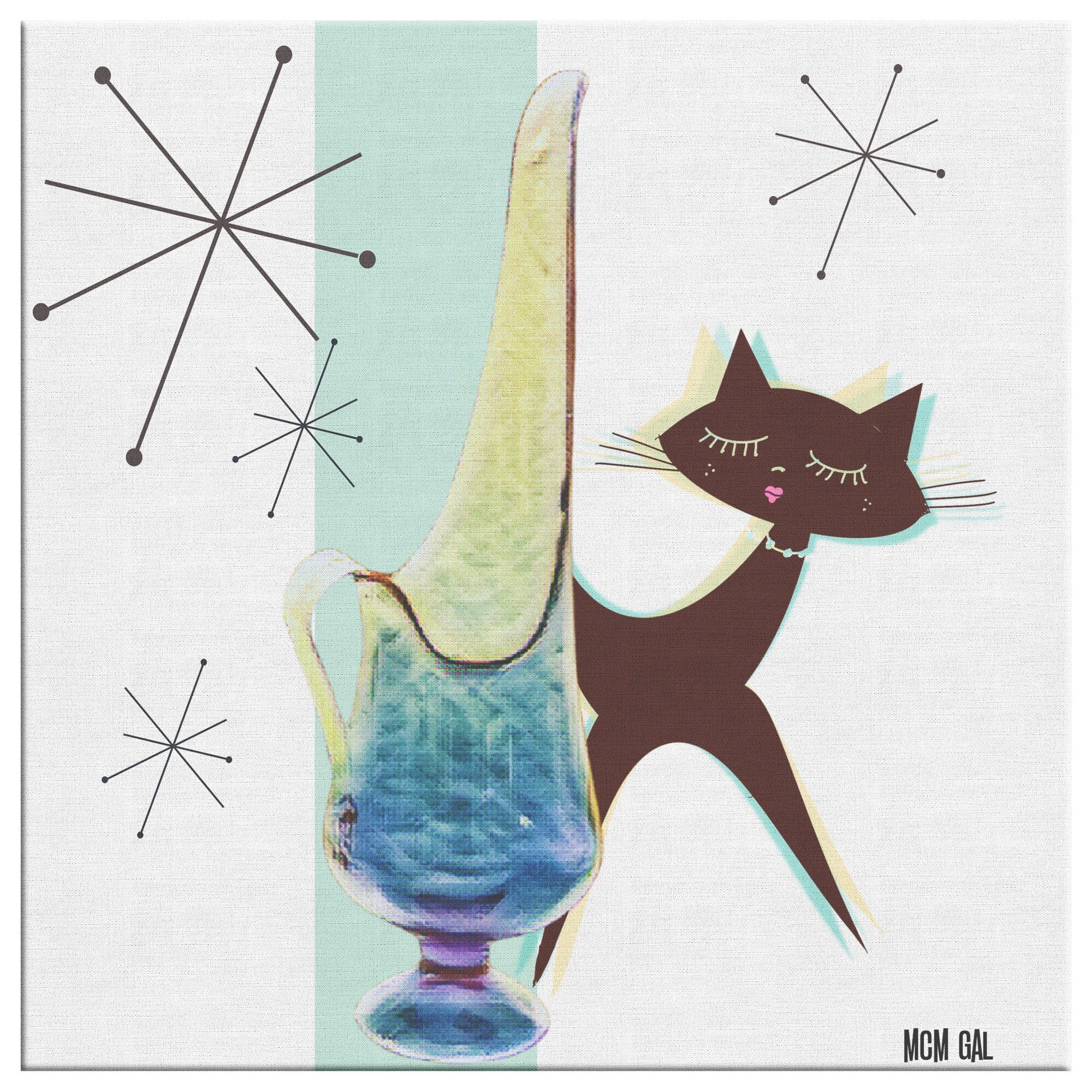 Vintage Viking Glass Illustration, Atomic Cat, Retro Starburst Mid Century Wall Art Wall Art
