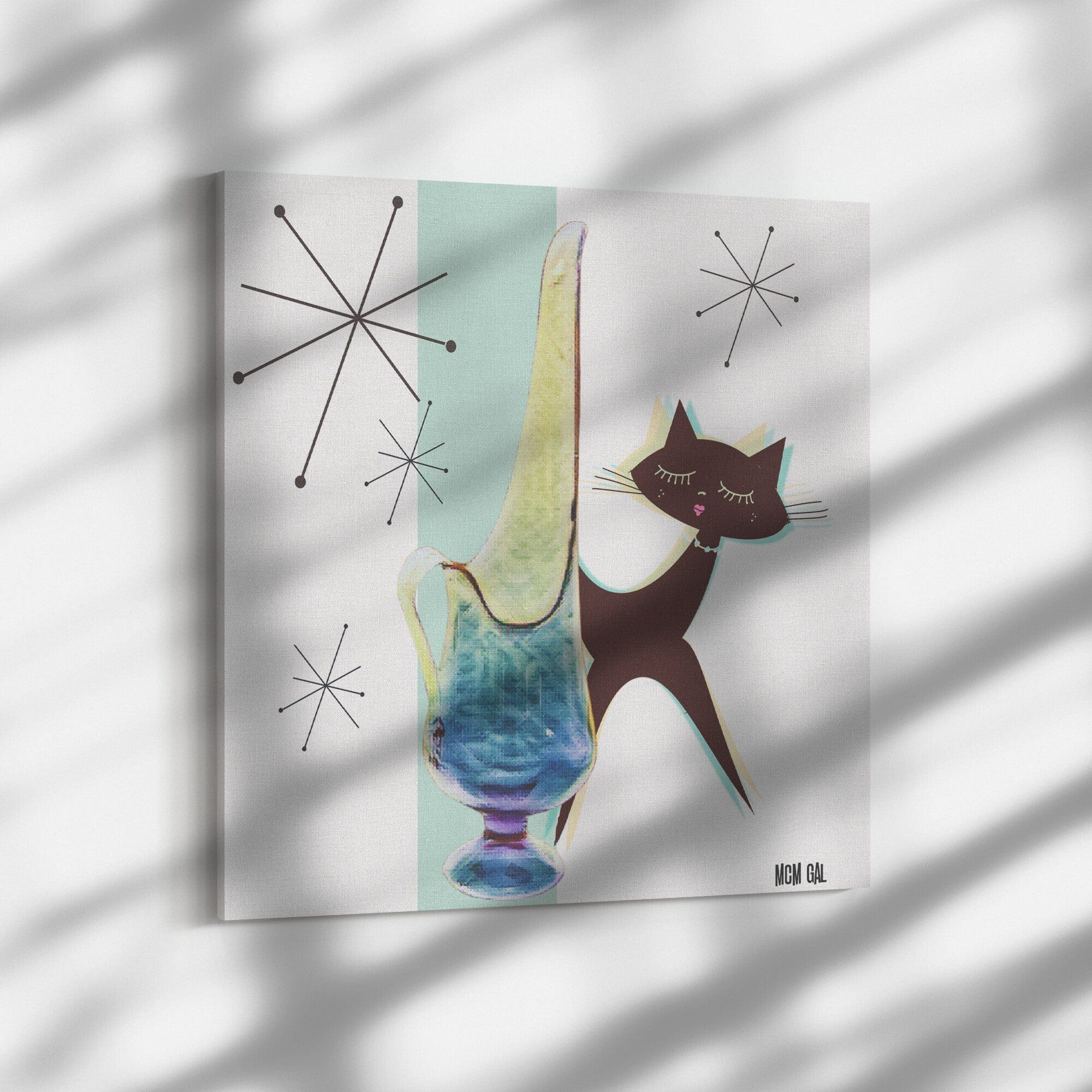 Vintage Viking Glass Illustration, Atomic Cat, Retro Starburst Mid Century Wall Art Wall Art