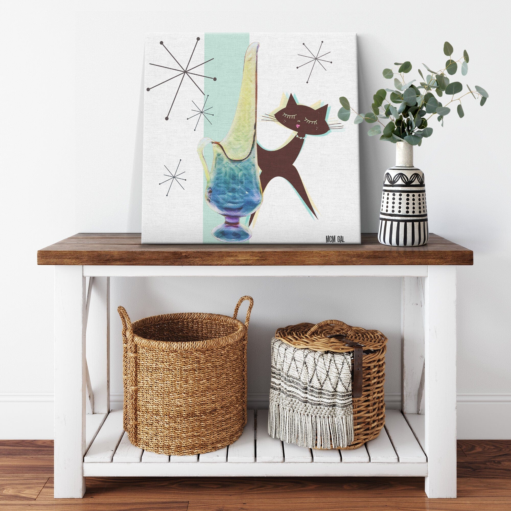 Vintage Viking Glass Illustration, Atomic Cat, Retro Starburst Mid Century Wall Art Wall Art
