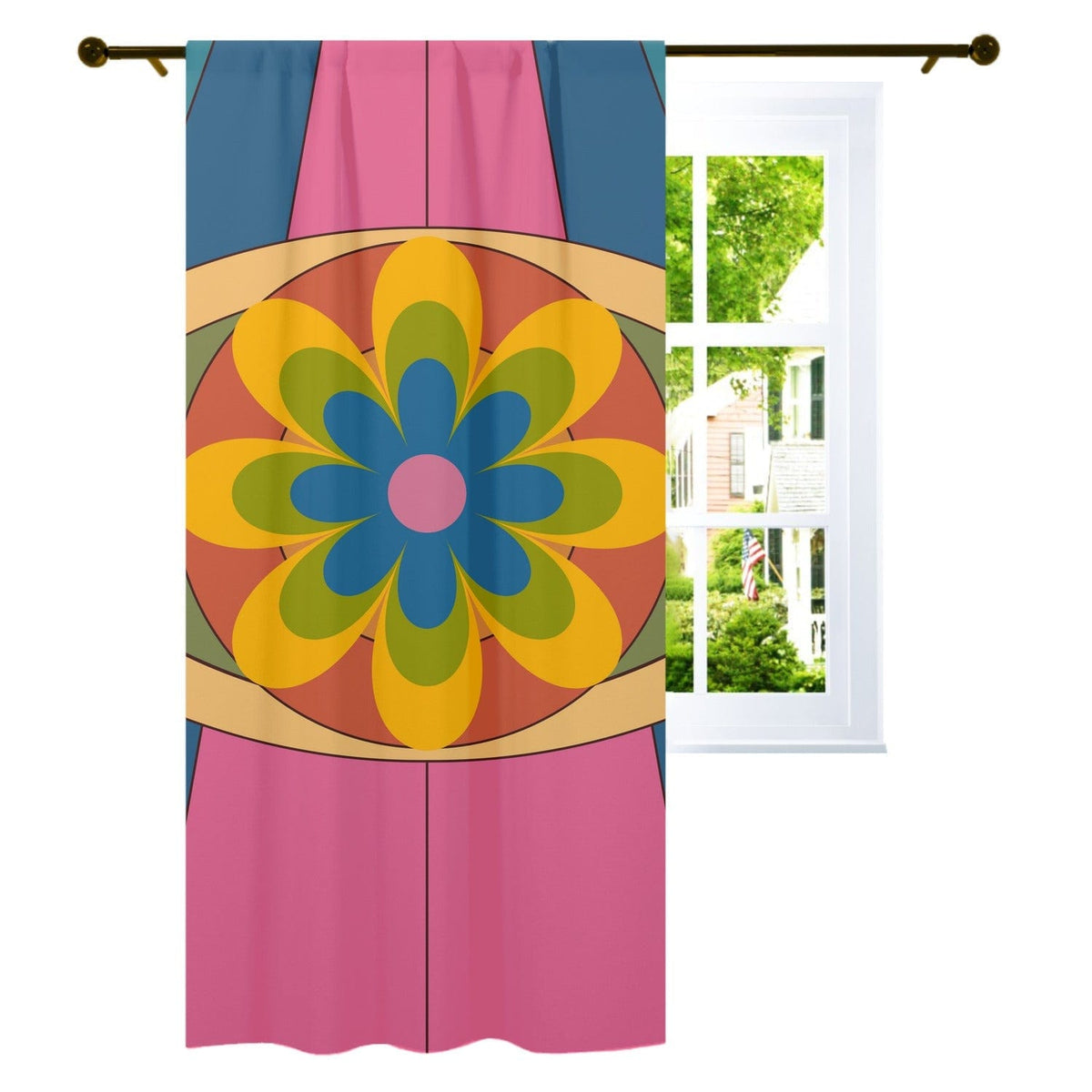 70's Groovy, Trippy Hippie, Flower Power, Pink, Blue, Yellow Mod Daisy, Retro Curtain, Single Panel Curtains W42"x L84"