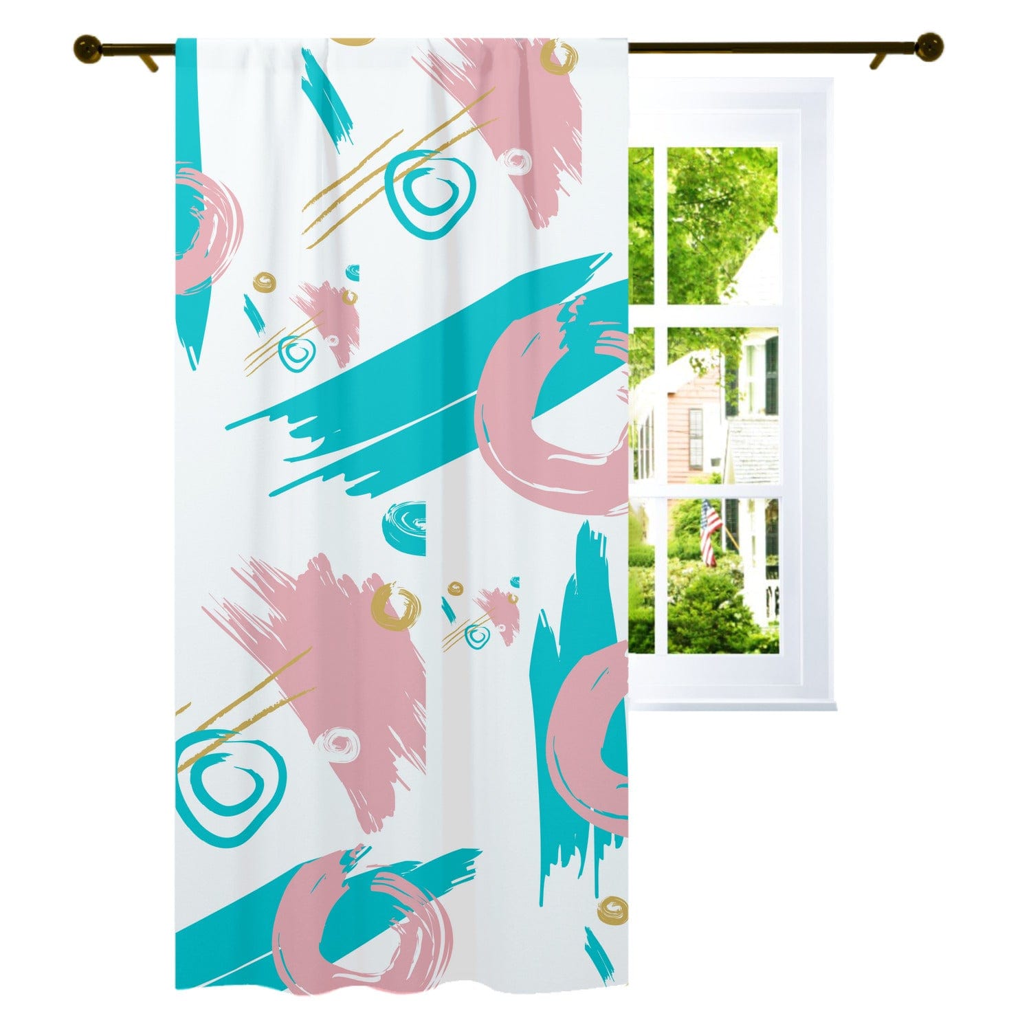 Mid Mod Abstract, Aqua, Pink, Gold, Paint Swatch Retro Curtain, Single Panel W42"x L84"