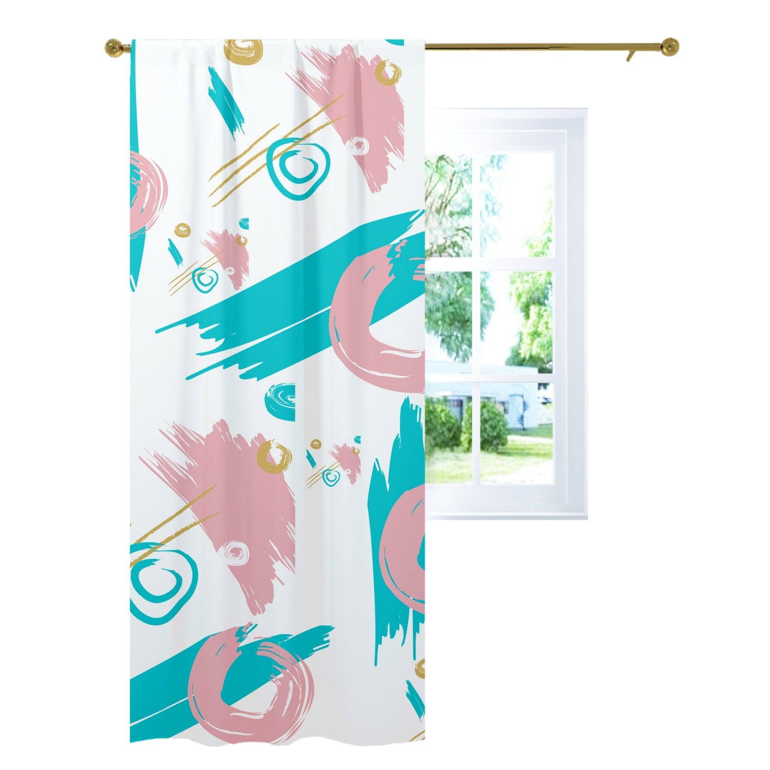 Mid Mod Abstract, Aqua, Pink, Gold, Paint Swatch Retro Curtain, Single Panel W42"x L96"