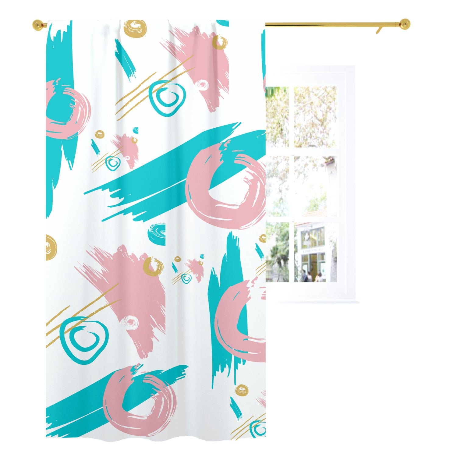 Mid Mod Abstract, Aqua, Pink, Gold, Paint Swatch Retro Curtain, Single Panel W52"x L96"