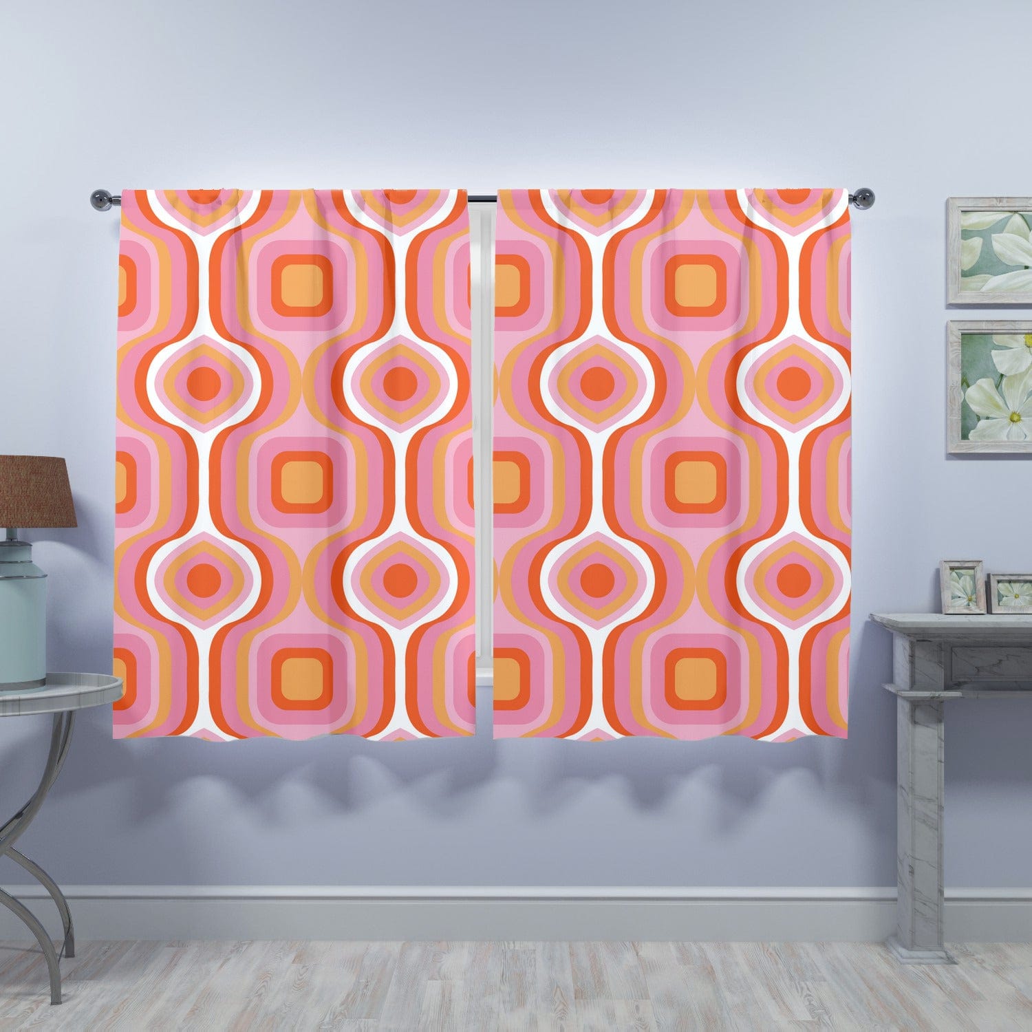 Mid Century Modern Curtains, MCM Mid Mod Pink, White, Yellow Googie, Abstract, Geometric Retro Window Curtains (two panels) Curtains W84"x L63"