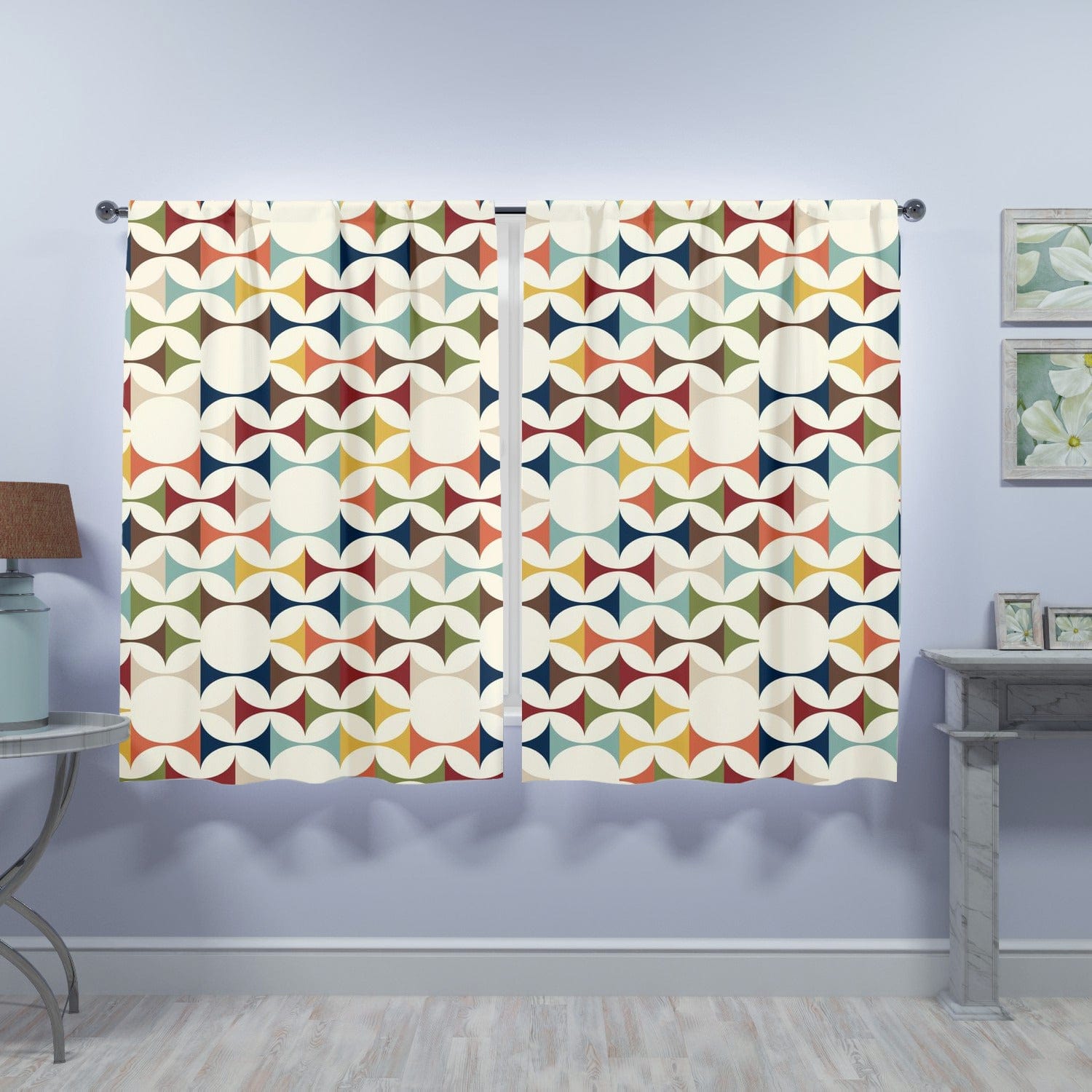 Mid Century Modern Curtains, Retro Scandinavian Modern Danish Geometric Design, Green, Brown, Beige, Yellow, Teal, Custom Length Window Curtains (two panels) Curtains W84"x L63"