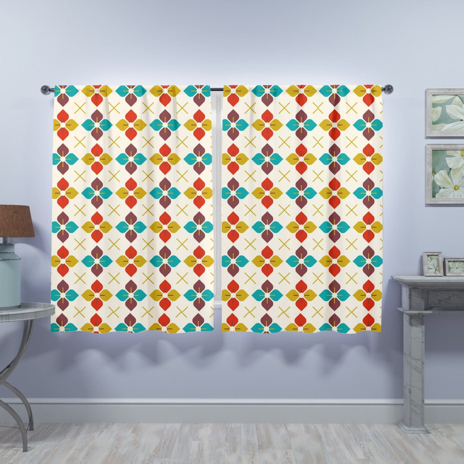 Scandinavian, Modern Danish Flower, Golden Yellow, Burnt Rd, Beige, Teal Blue, Retro Window Curtains (two panels) Curtains W84"x L63"