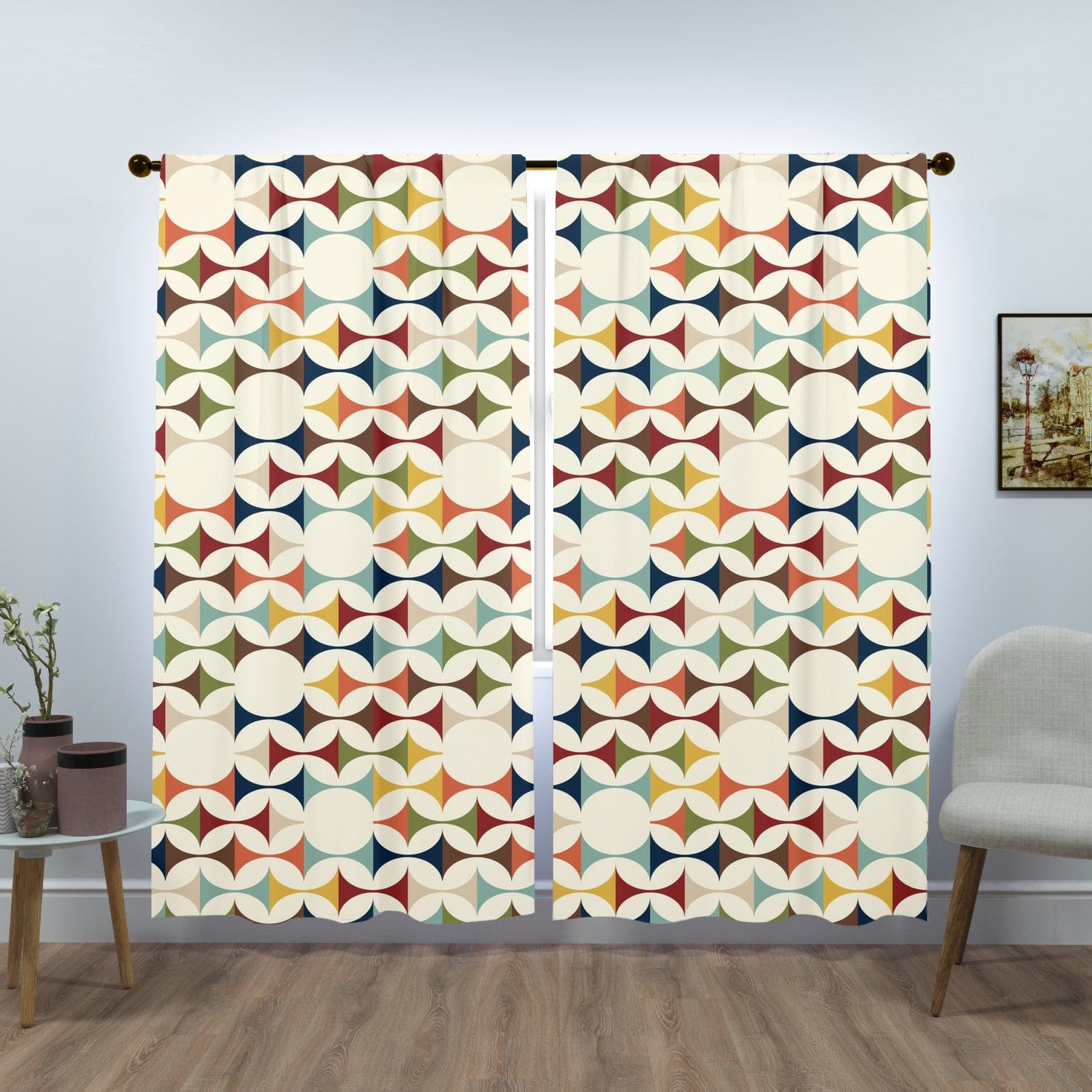Mid Century Modern Curtains, Retro Scandinavian Modern Danish Geometric Design, Green, Brown, Beige, Yellow, Teal, Custom Length Window Curtains (two panels) Curtains W84"x L84"