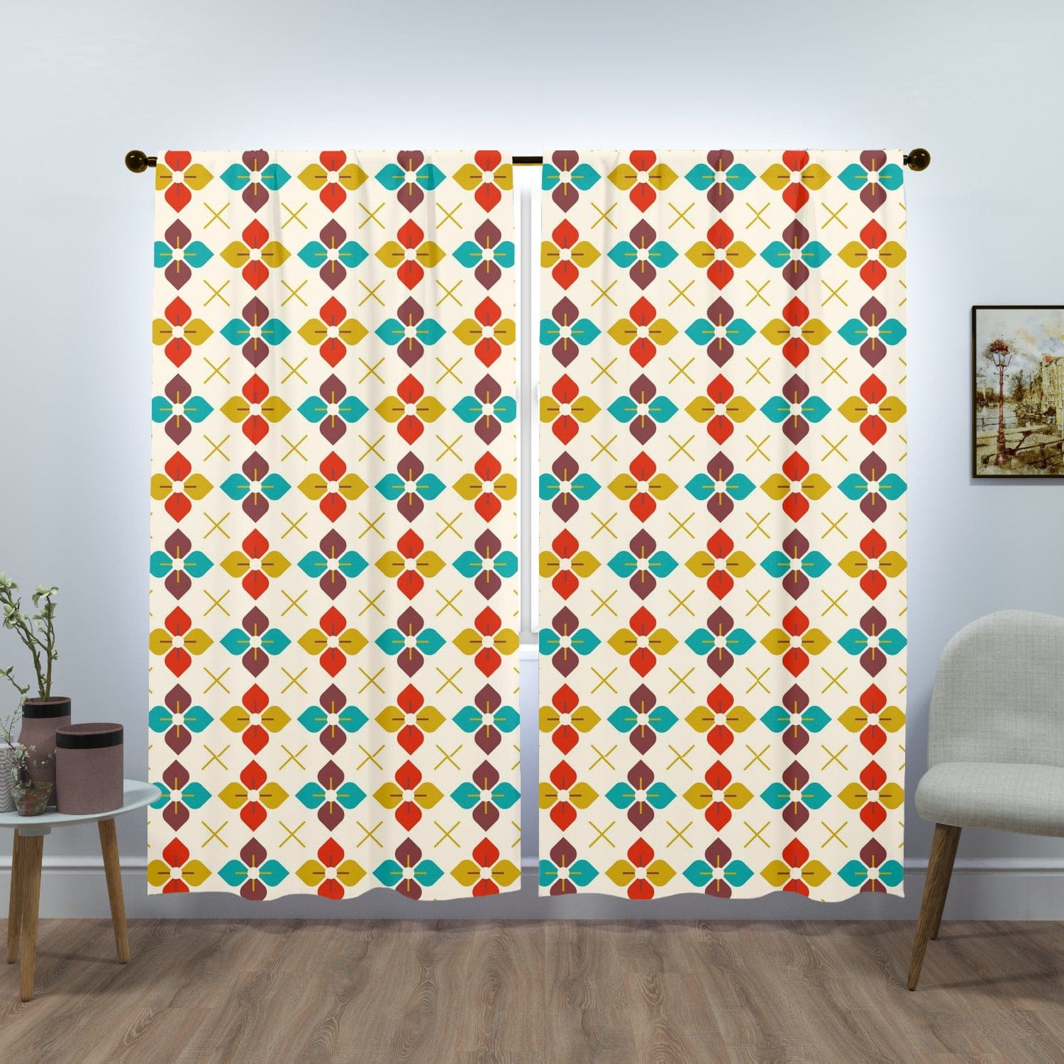 Scandinavian, Modern Danish Flower, Golden Yellow, Burnt Rd, Beige, Teal Blue, Retro Window Curtains (two panels) Curtains W84"x L84"