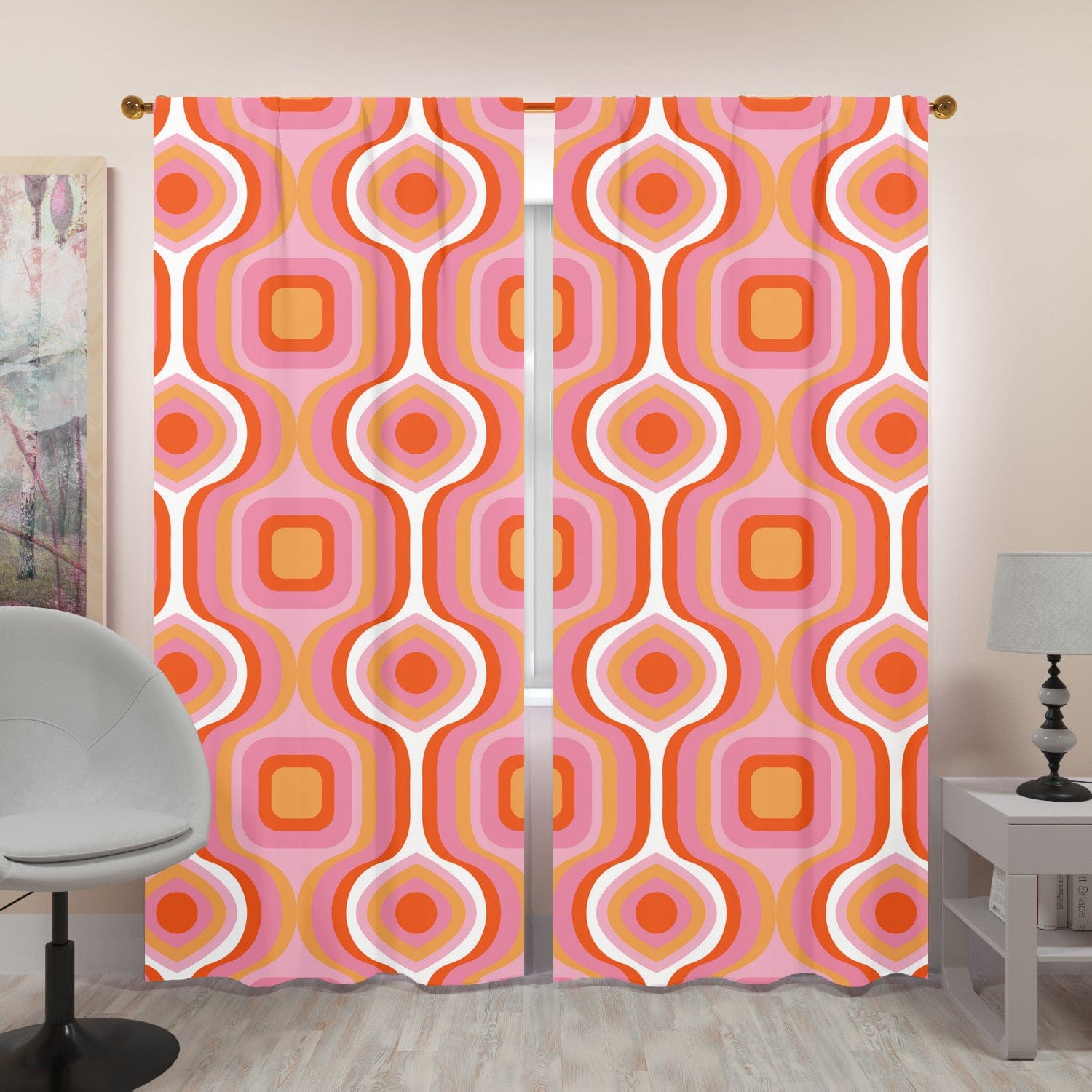 Mid Century Modern Curtains, MCM Mid Mod Pink, White, Yellow Googie, Abstract, Geometric Retro Window Curtains (two panels) Curtains W84"x L96"