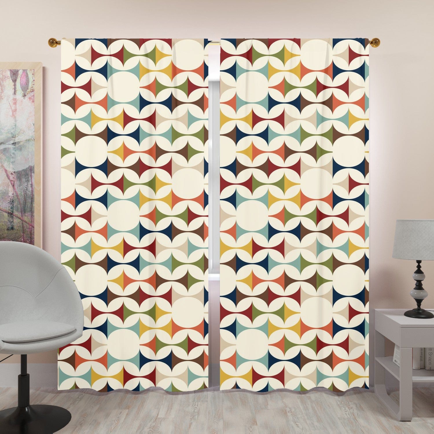 Mid Century Modern Curtains, Retro Scandinavian Modern Danish Geometric Design, Green, Brown, Beige, Yellow, Teal, Custom Length Window Curtains (two panels) Curtains W84"x L96"
