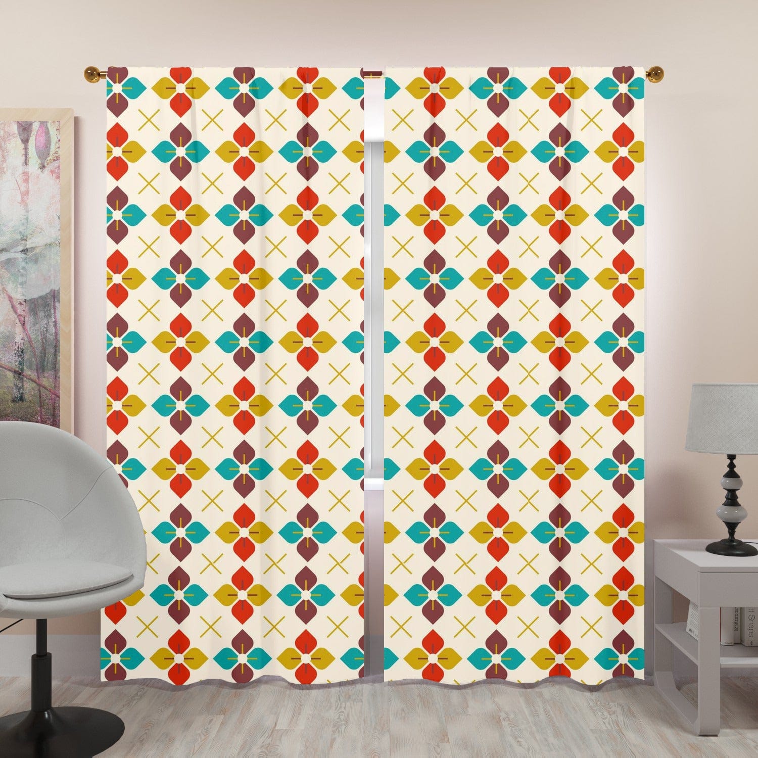 Scandinavian, Modern Danish Flower, Golden Yellow, Burnt Rd, Beige, Teal Blue, Retro Window Curtains (two panels) Curtains W84"x L96"